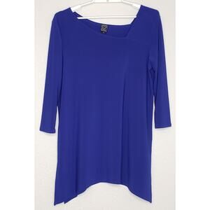 Clara Sun Woo Tunic Top Womens Sz Medium 3/4 Sleeve Blue Side V-Neck Side Slit